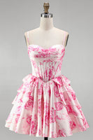 Laden Sie das Bild in den Galerie-Viewer, Rosa Korsett, A-Linie gestuftes, rüschendes Blumenmuster kurzes Homecoming-Kleid mit A-Linien