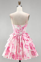Laden Sie das Bild in den Galerie-Viewer, Rosa Korsett, A-Linie gestuftes, rüschendes Blumenmuster kurzes Homecoming-Kleid mit A-Linien