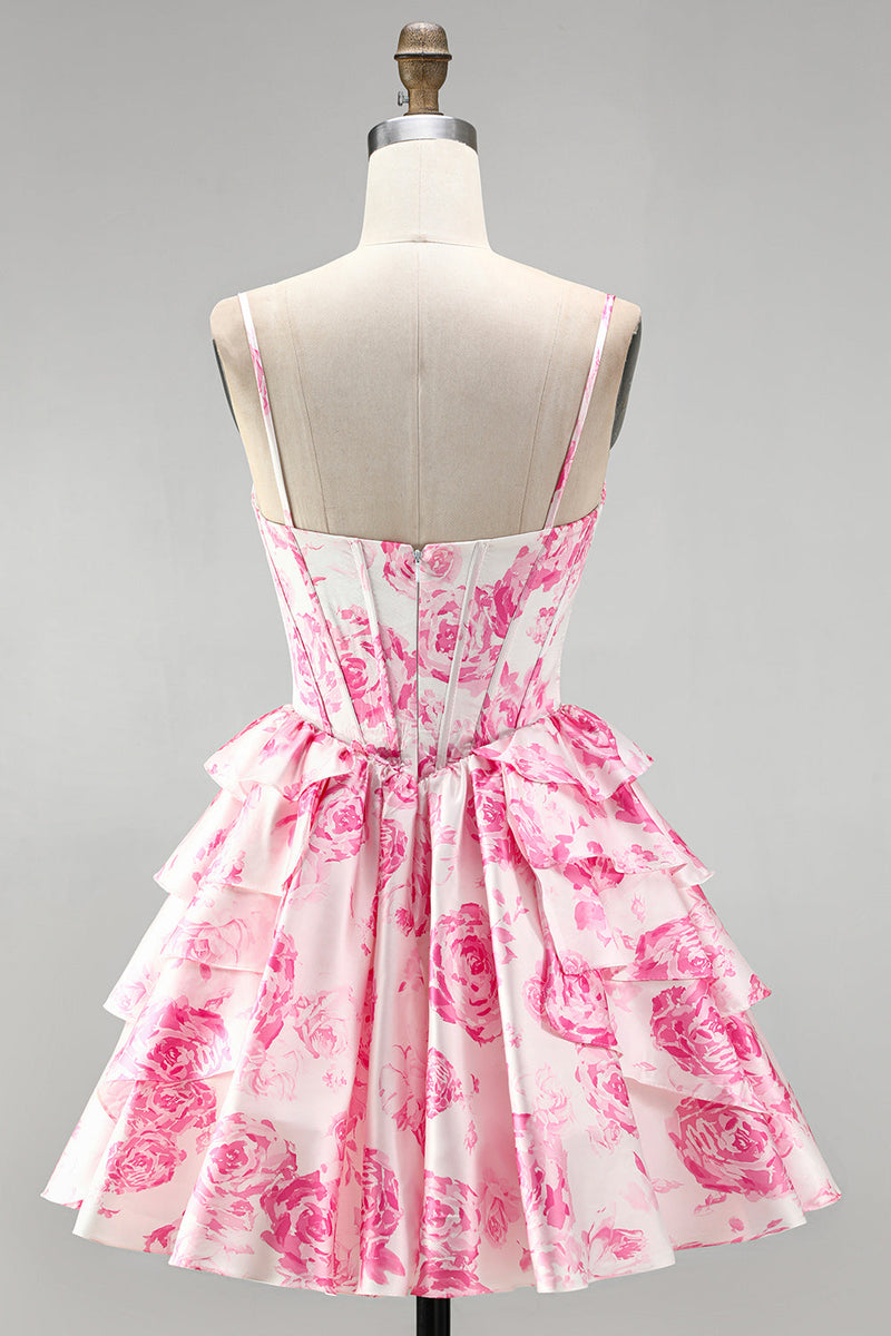 Laden Sie das Bild in den Galerie-Viewer, Rosa Korsett, A-Linie gestuftes, rüschendes Blumenmuster kurzes Homecoming-Kleid mit A-Linien