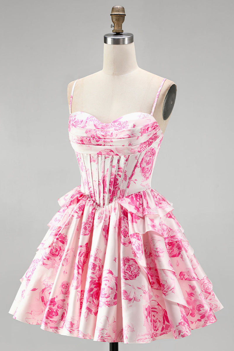 Laden Sie das Bild in den Galerie-Viewer, Rosa Korsett, A-Linie gestuftes, rüschendes Blumenmuster kurzes Homecoming-Kleid mit A-Linien