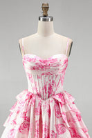 Laden Sie das Bild in den Galerie-Viewer, Rosa Korsett, A-Linie gestuftes, rüschendes Blumenmuster kurzes Homecoming-Kleid mit A-Linien