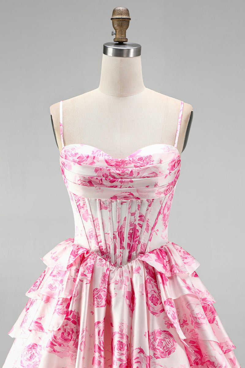 Laden Sie das Bild in den Galerie-Viewer, Rosa Korsett, A-Linie gestuftes, rüschendes Blumenmuster kurzes Homecoming-Kleid mit A-Linien