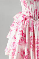 Laden Sie das Bild in den Galerie-Viewer, Rosa Korsett, A-Linie gestuftes, rüschendes Blumenmuster kurzes Homecoming-Kleid mit A-Linien
