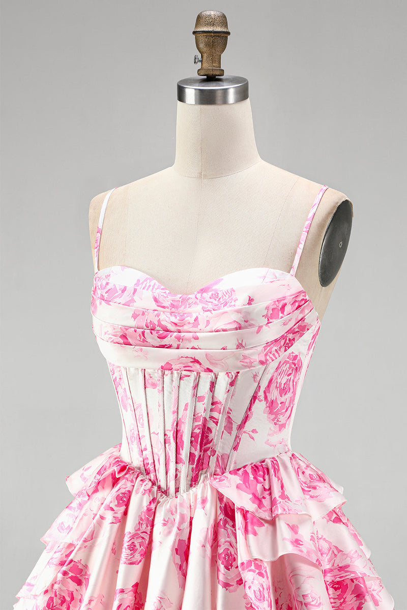 Laden Sie das Bild in den Galerie-Viewer, Rosa Korsett, A-Linie gestuftes, rüschendes Blumenmuster kurzes Homecoming-Kleid mit A-Linien