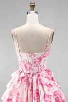 Laden Sie das Bild in den Galerie-Viewer, Rosa Korsett, A-Linie gestuftes, rüschendes Blumenmuster kurzes Homecoming-Kleid mit A-Linien