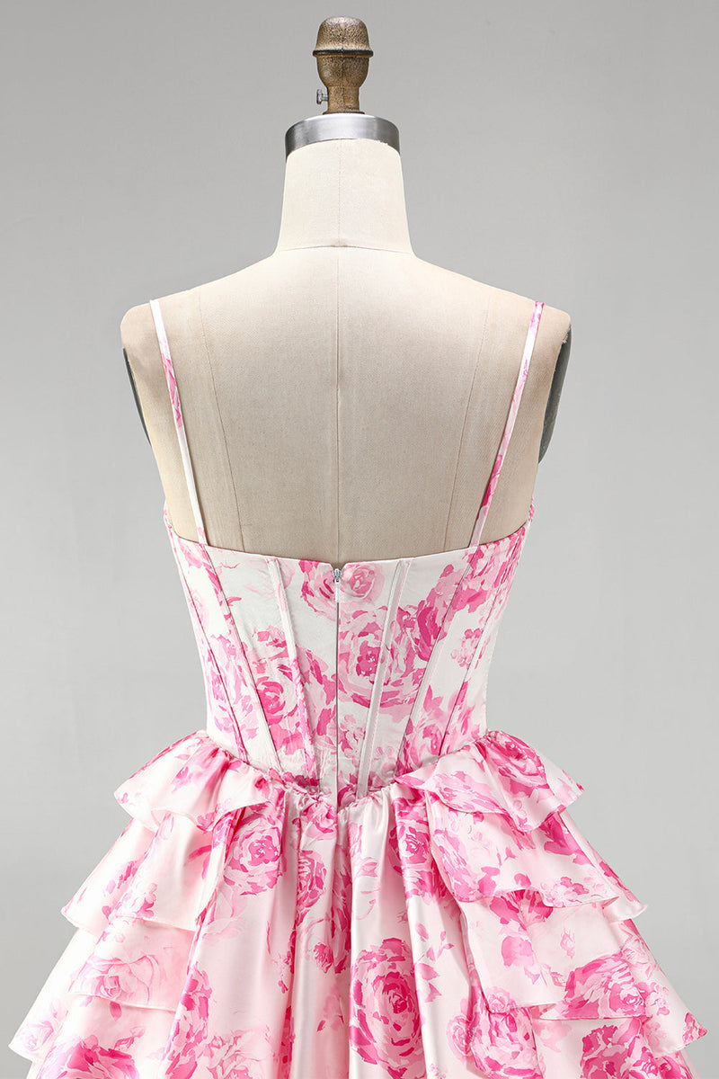 Laden Sie das Bild in den Galerie-Viewer, Rosa Korsett, A-Linie gestuftes, rüschendes Blumenmuster kurzes Homecoming-Kleid mit A-Linien