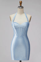 Laden Sie das Bild in den Galerie-Viewer, Hellblaues Neckholder-Korsett, Bodycon Kurzes Homecoming-Kleid mit Perlenbestickung