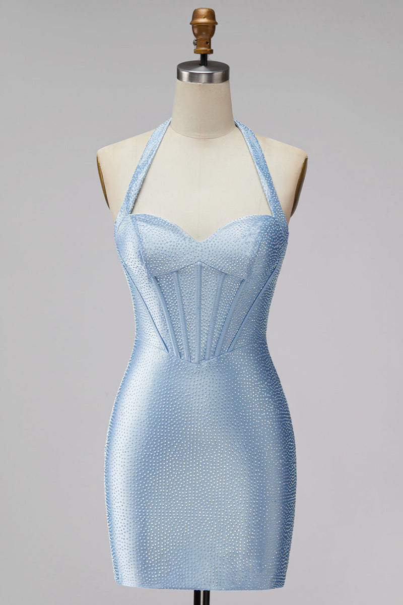 Laden Sie das Bild in den Galerie-Viewer, Hellblaues Neckholder-Korsett, Bodycon Kurzes Homecoming-Kleid mit Perlenbestickung