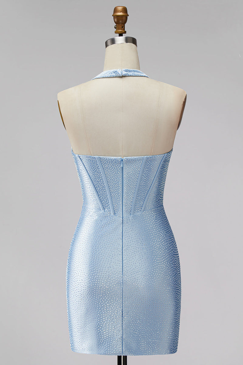 Laden Sie das Bild in den Galerie-Viewer, Hellblaues Neckholder-Korsett, Bodycon Kurzes Homecoming-Kleid mit Perlenbestickung