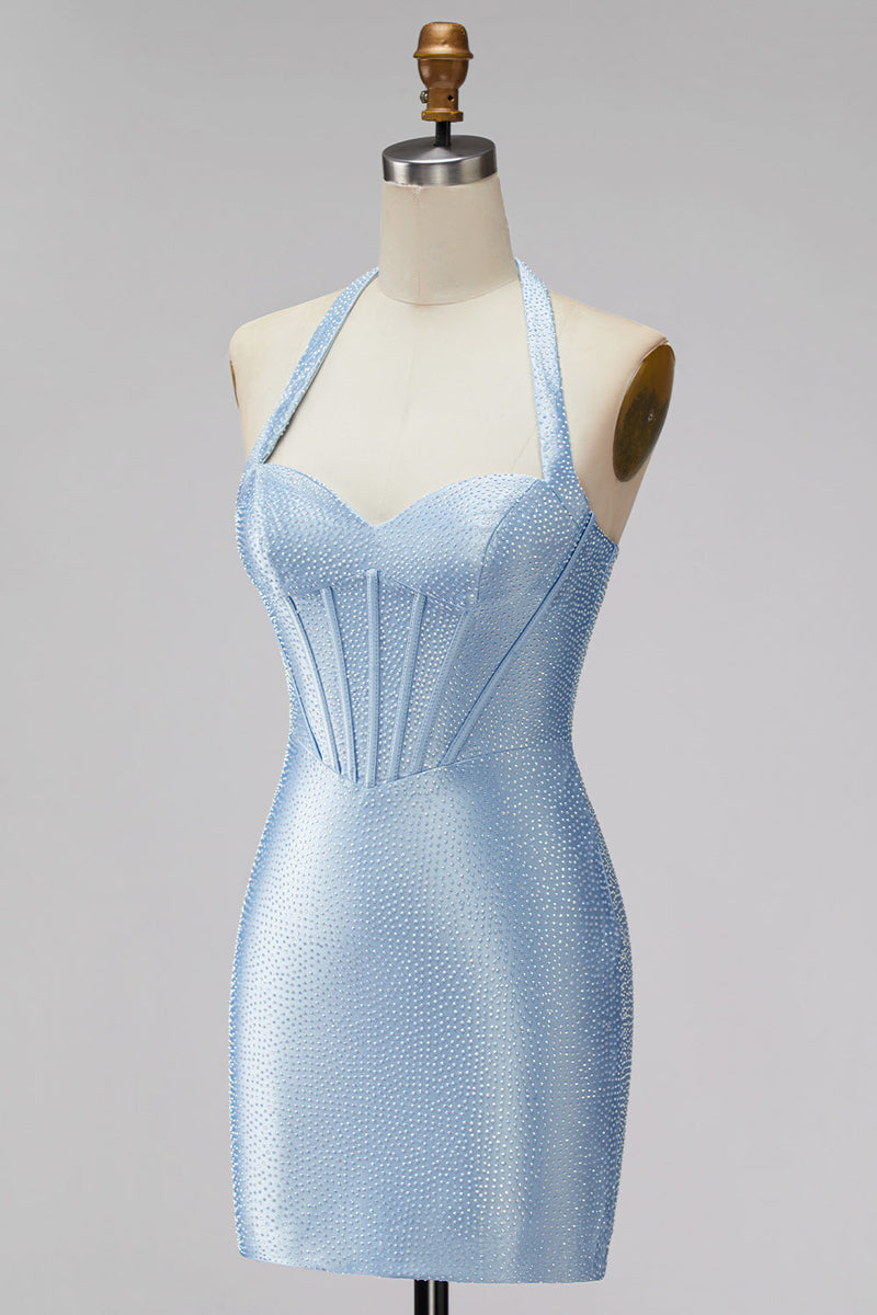 Laden Sie das Bild in den Galerie-Viewer, Hellblaues Neckholder-Korsett, Bodycon Kurzes Homecoming-Kleid mit Perlenbestickung