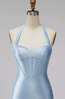 Laden Sie das Bild in den Galerie-Viewer, Hellblaues Neckholder-Korsett, Bodycon Kurzes Homecoming-Kleid mit Perlenbestickung