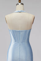 Laden Sie das Bild in den Galerie-Viewer, Hellblaues Neckholder-Korsett, Bodycon Kurzes Homecoming-Kleid mit Perlenbestickung