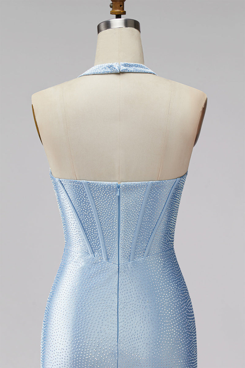 Laden Sie das Bild in den Galerie-Viewer, Hellblaues Neckholder-Korsett, Bodycon Kurzes Homecoming-Kleid mit Perlenbestickung