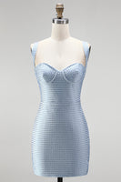 Laden Sie das Bild in den Galerie-Viewer, Blauer Bodycon Dicke Träger Sweetheart Kurzes Homecoming-Kleid mit Perlen