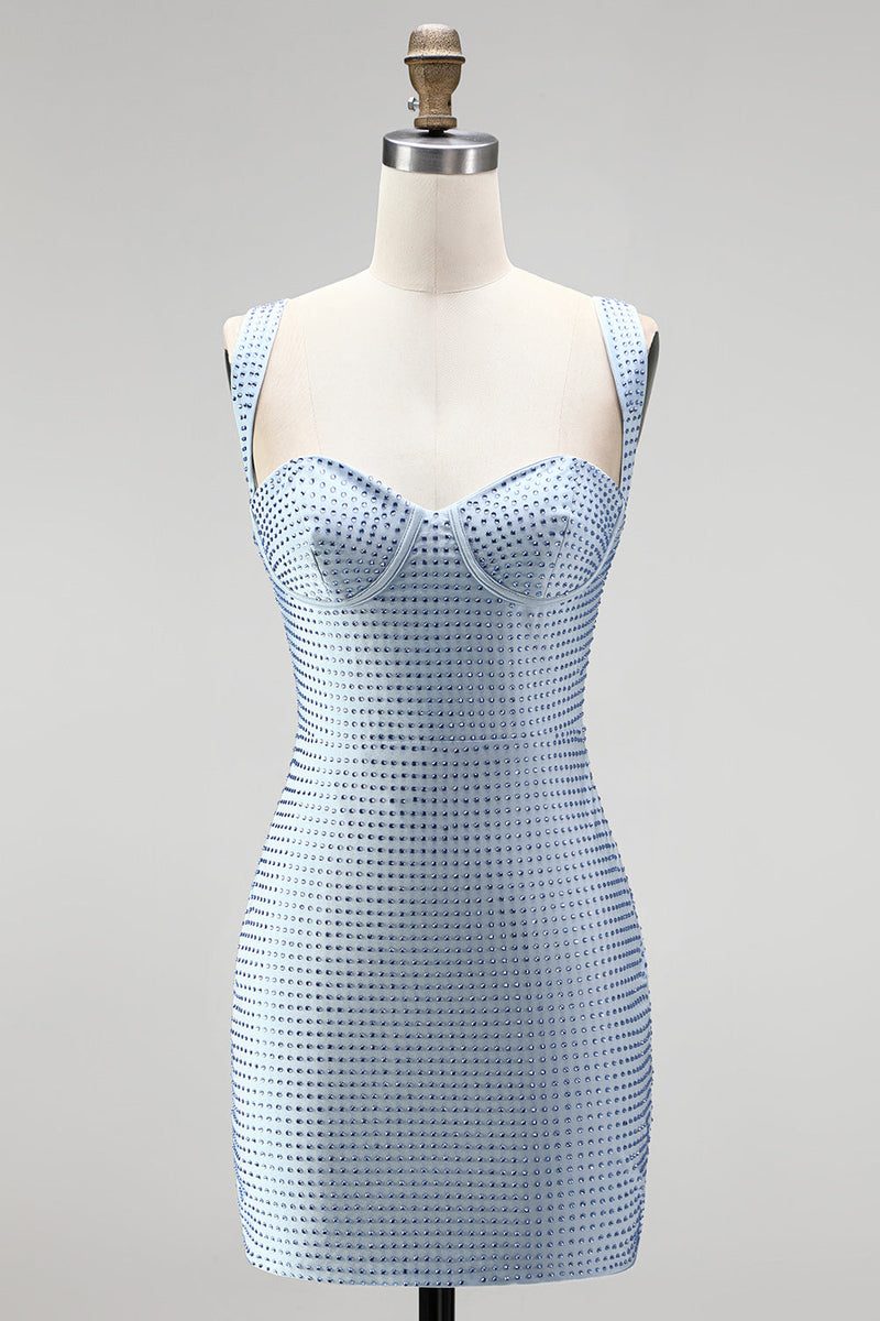 Laden Sie das Bild in den Galerie-Viewer, Blauer Bodycon Dicke Träger Sweetheart Kurzes Homecoming-Kleid mit Perlen