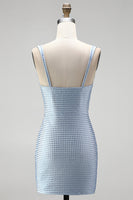 Laden Sie das Bild in den Galerie-Viewer, Blauer Bodycon Dicke Träger Sweetheart Kurzes Homecoming-Kleid mit Perlen