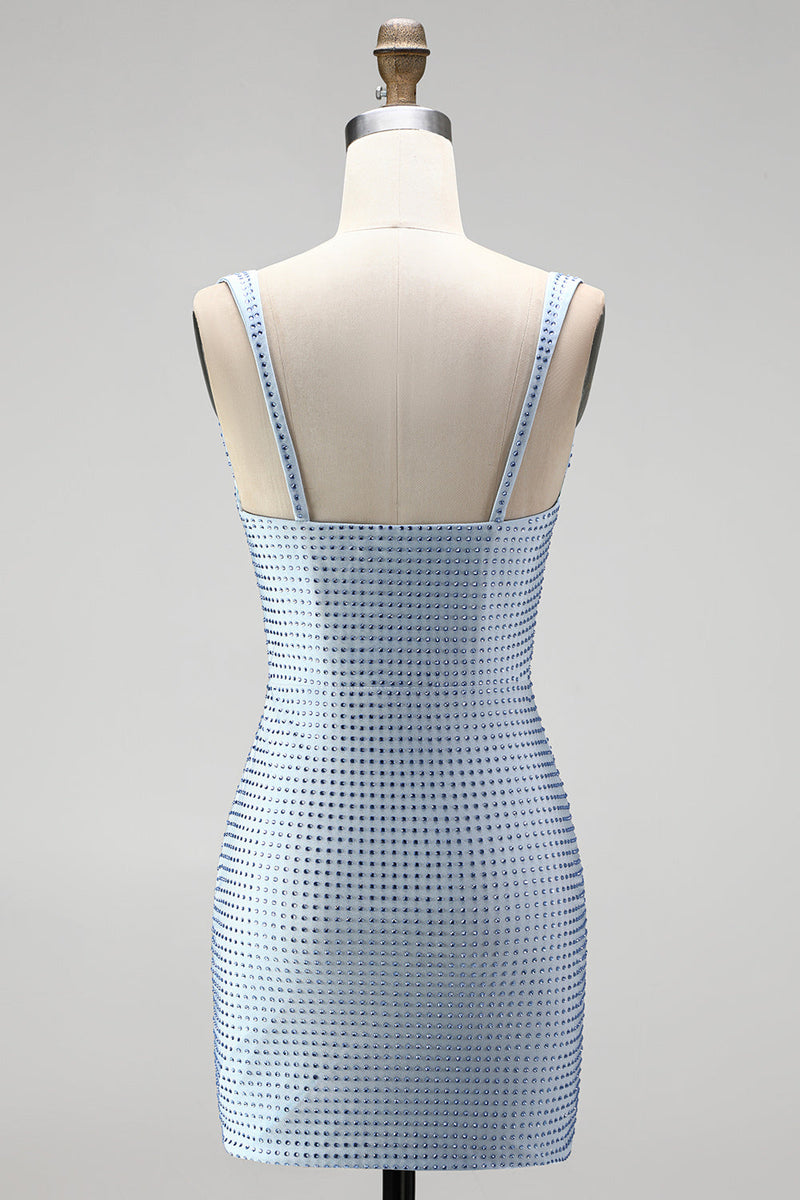 Laden Sie das Bild in den Galerie-Viewer, Blauer Bodycon Dicke Träger Sweetheart Kurzes Homecoming-Kleid mit Perlen