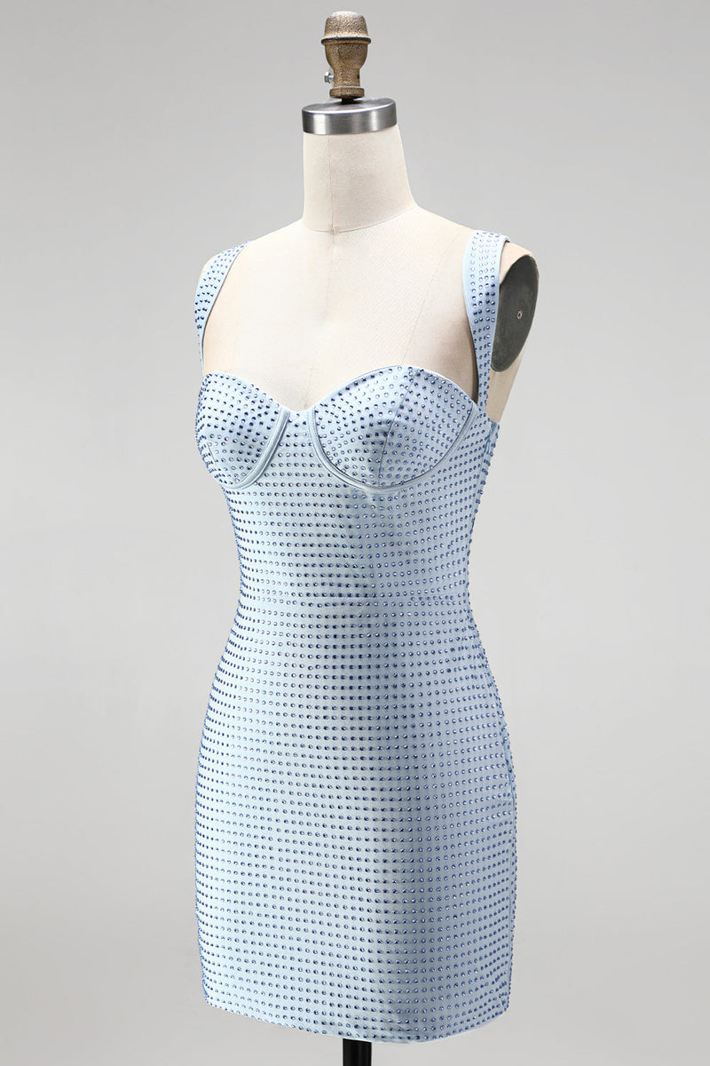 Laden Sie das Bild in den Galerie-Viewer, Blauer Bodycon Dicke Träger Sweetheart Kurzes Homecoming-Kleid mit Perlen