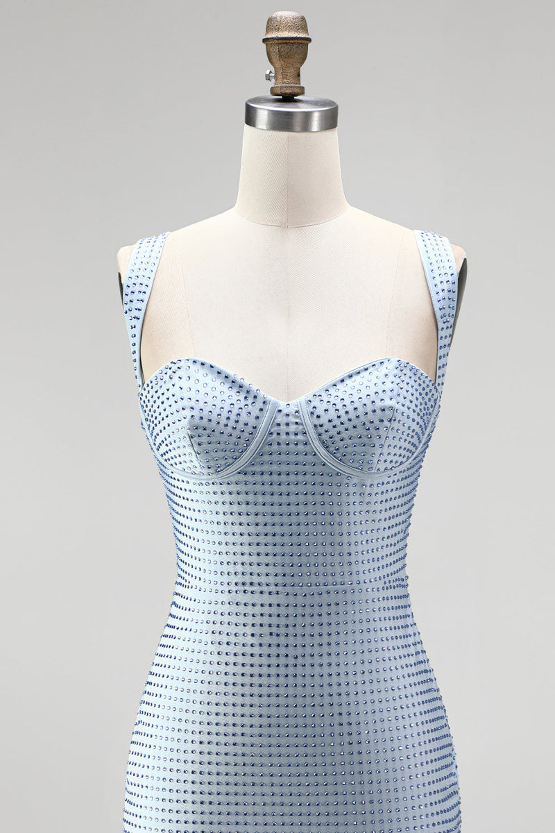 Laden Sie das Bild in den Galerie-Viewer, Blauer Bodycon Dicke Träger Sweetheart Kurzes Homecoming-Kleid mit Perlen