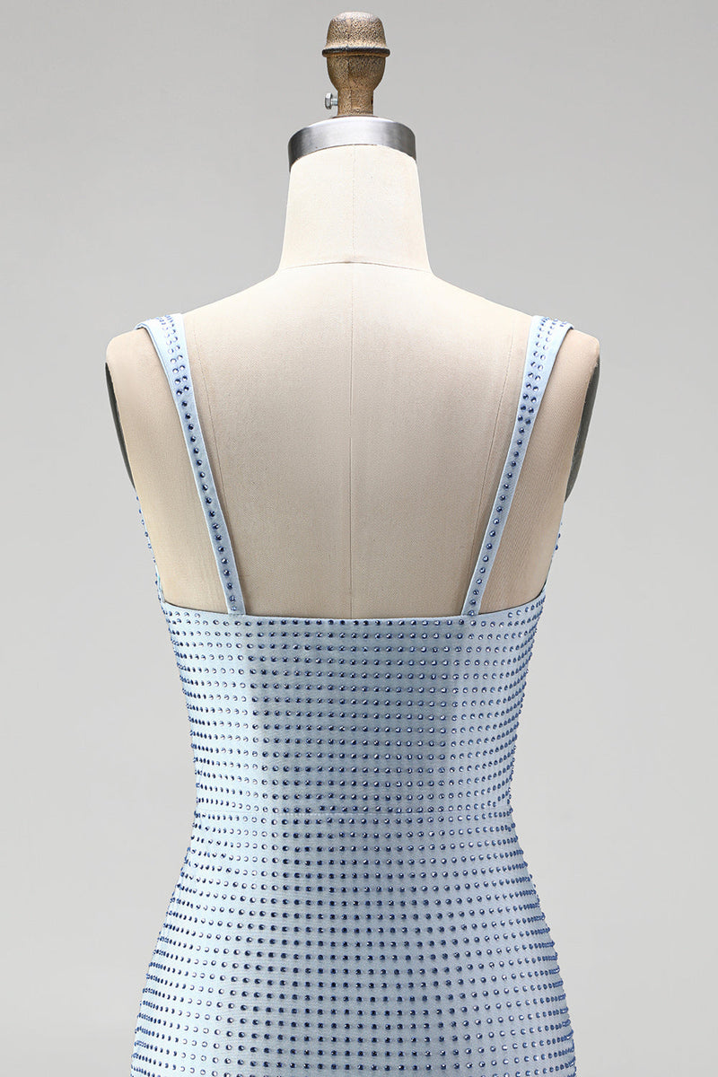 Laden Sie das Bild in den Galerie-Viewer, Blauer Bodycon Dicke Träger Sweetheart Kurzes Homecoming-Kleid mit Perlen