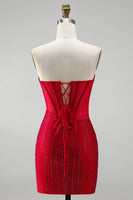 Laden Sie das Bild in den Galerie-Viewer, Rotes Korsett Bodycon Trägerloses, perlenbesetztes kurzes Homecoming-Kleid mit Schnürung auf dem Rücken