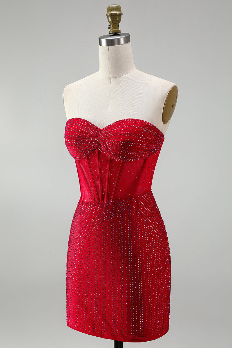 Laden Sie das Bild in den Galerie-Viewer, Rotes Korsett Bodycon Trägerloses, perlenbesetztes kurzes Homecoming-Kleid mit Schnürung auf dem Rücken