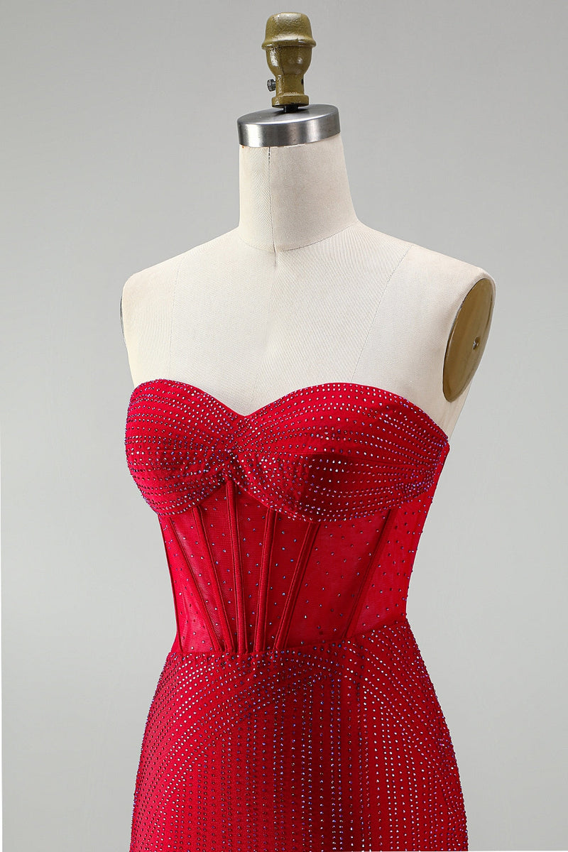 Laden Sie das Bild in den Galerie-Viewer, Rotes Korsett Bodycon Trägerloses, perlenbesetztes kurzes Homecoming-Kleid mit Schnürung auf dem Rücken