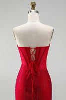 Laden Sie das Bild in den Galerie-Viewer, Rotes Korsett Bodycon Trägerloses, perlenbesetztes kurzes Homecoming-Kleid mit Schnürung auf dem Rücken