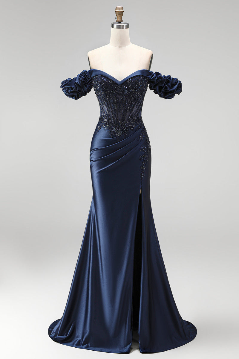 Laden Sie das Bild in den Galerie-Viewer, Navyblaues Schulterloses Korsett Satin Applikationen Langes Abschlussballkleid mit Schlitz