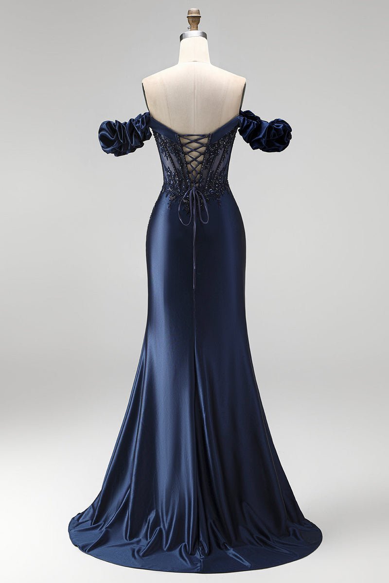 Laden Sie das Bild in den Galerie-Viewer, Navyblaues Schulterloses Korsett Satin Applikationen Langes Abschlussballkleid mit Schlitz