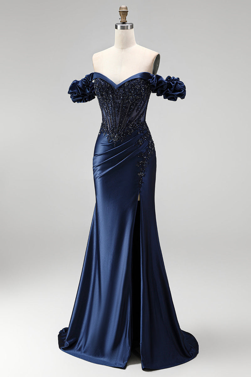 Laden Sie das Bild in den Galerie-Viewer, Navyblaues Schulterloses Korsett Satin Applikationen Langes Abschlussballkleid mit Schlitz