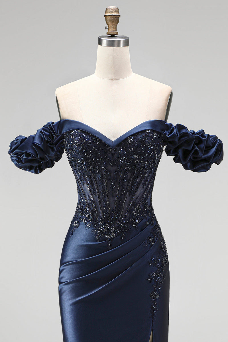 Laden Sie das Bild in den Galerie-Viewer, Navyblaues Schulterloses Korsett Satin Applikationen Langes Abschlussballkleid mit Schlitz