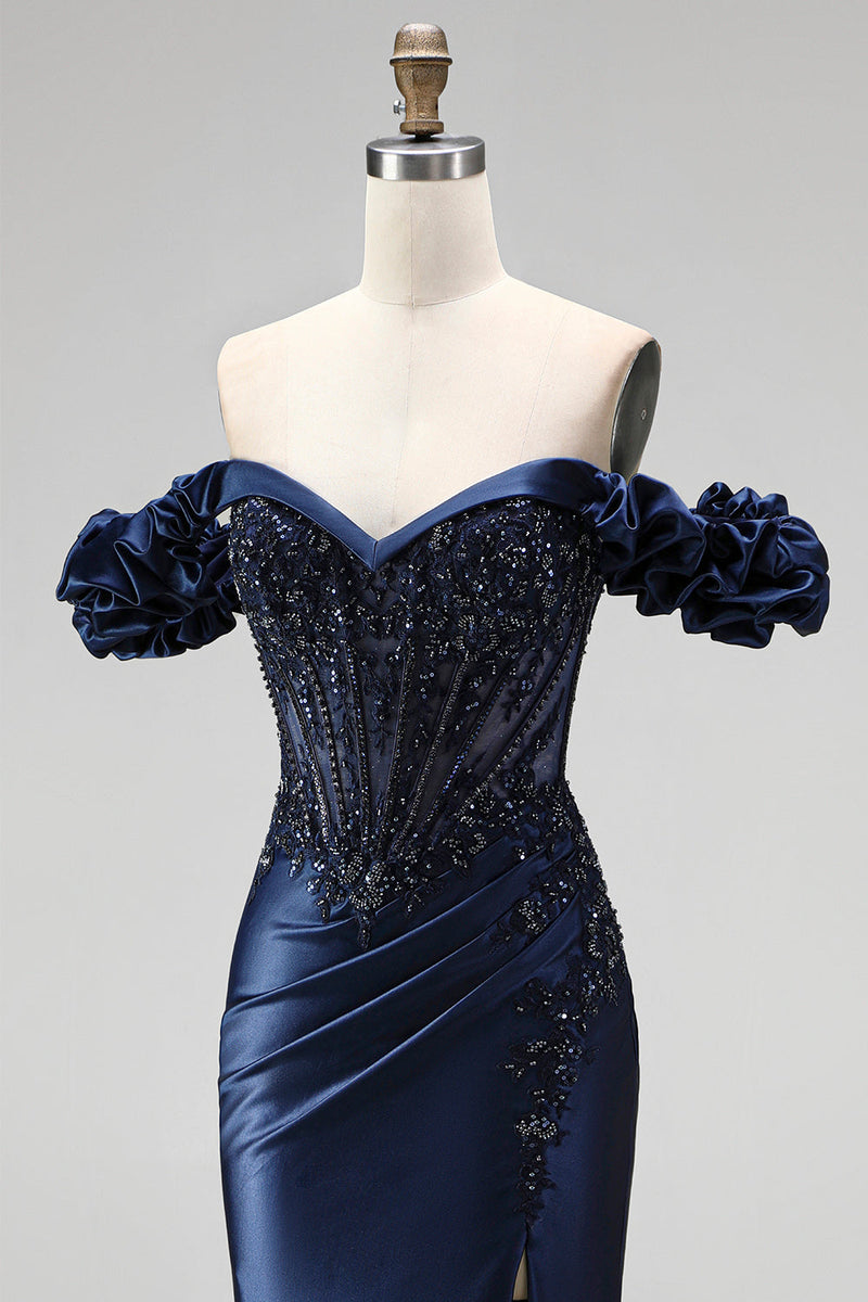 Laden Sie das Bild in den Galerie-Viewer, Navyblaues Schulterloses Korsett Satin Applikationen Langes Abschlussballkleid mit Schlitz