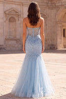 Laden Sie das Bild in den Galerie-Viewer, Hellblaues Pailletten Korsett Meerjungfrauen Transparentes Tüll Langes Abschlussballkleid mit Schlitz