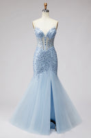Laden Sie das Bild in den Galerie-Viewer, Hellblaues Pailletten Korsett Meerjungfrauen Transparentes Tüll Langes Abschlussballkleid mit Schlitz