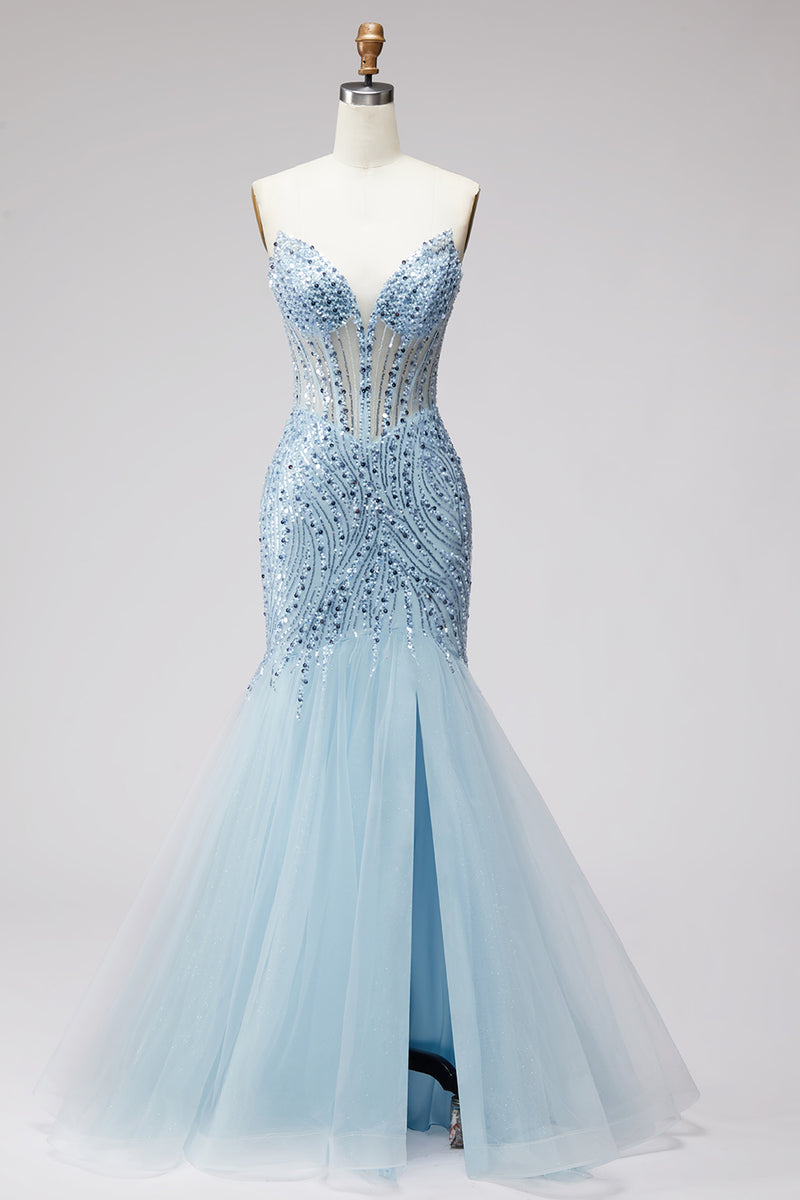 Laden Sie das Bild in den Galerie-Viewer, Hellblaues Pailletten Korsett Meerjungfrauen Transparentes Tüll Langes Abschlussballkleid mit Schlitz