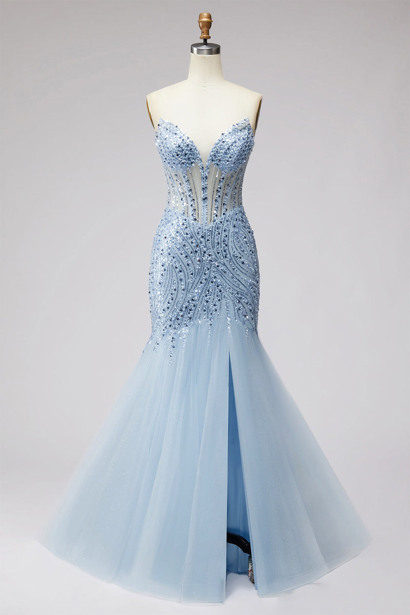 Laden Sie das Bild in den Galerie-Viewer, Hellblaues Pailletten Korsett Meerjungfrauen Transparentes Tüll Langes Abschlussballkleid mit Schlitz