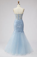 Laden Sie das Bild in den Galerie-Viewer, Hellblaues Pailletten Korsett Meerjungfrauen Transparentes Tüll Langes Abschlussballkleid mit Schlitz