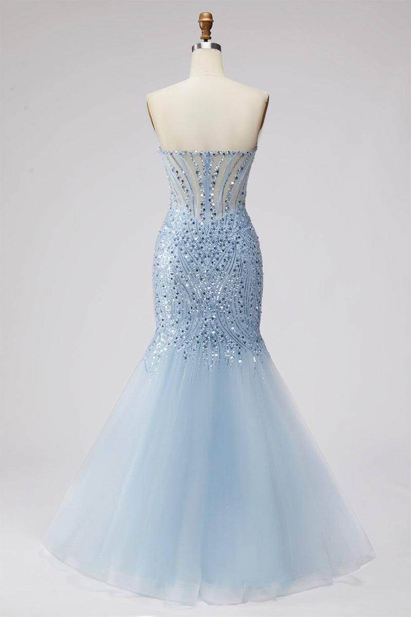 Laden Sie das Bild in den Galerie-Viewer, Hellblaues Pailletten Korsett Meerjungfrauen Transparentes Tüll Langes Abschlussballkleid mit Schlitz