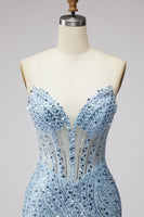 Laden Sie das Bild in den Galerie-Viewer, Hellblaues Pailletten Korsett Meerjungfrauen Transparentes Tüll Langes Abschlussballkleid mit Schlitz