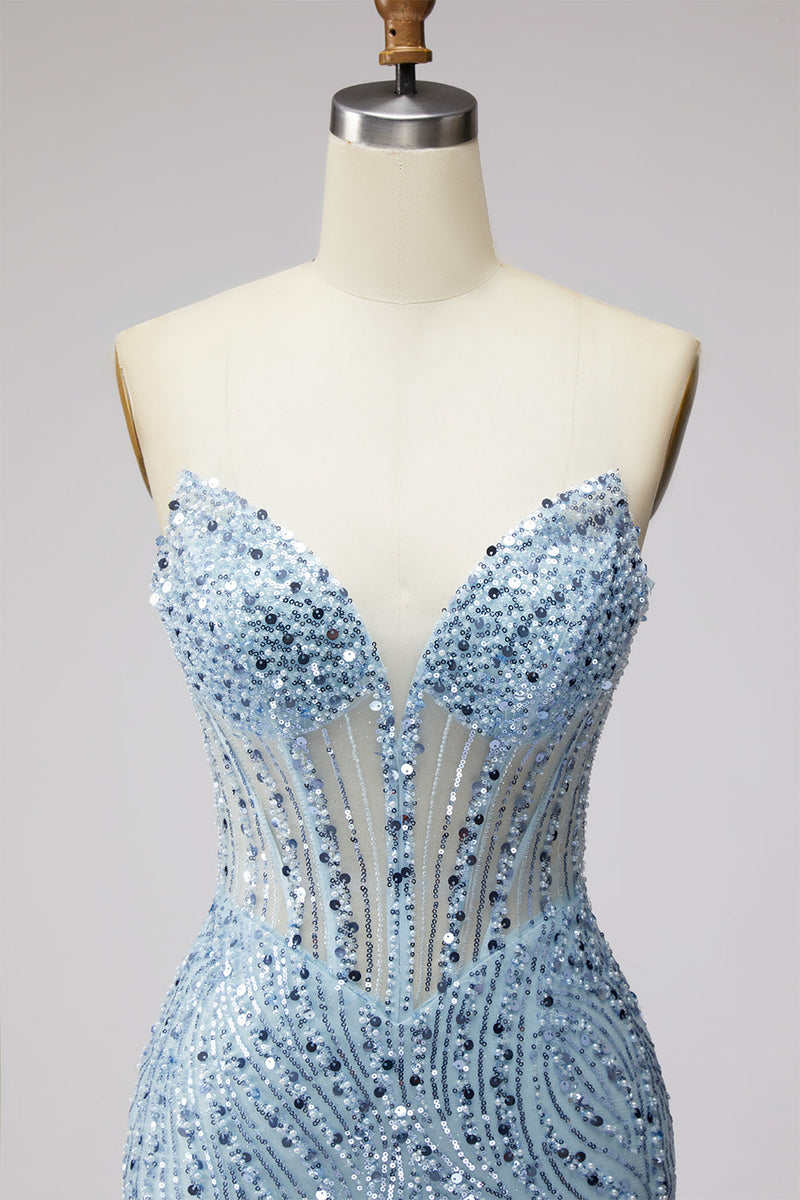 Laden Sie das Bild in den Galerie-Viewer, Hellblaues Pailletten Korsett Meerjungfrauen Transparentes Tüll Langes Abschlussballkleid mit Schlitz