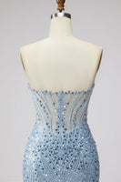 Laden Sie das Bild in den Galerie-Viewer, Hellblaues Pailletten Korsett Meerjungfrauen Transparentes Tüll Langes Abschlussballkleid mit Schlitz