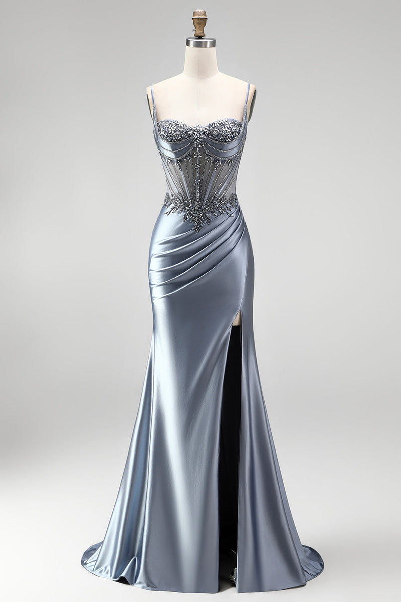 Laden Sie das Bild in den Galerie-Viewer, Staubiges blaues Korsett Meerjungfrauen-Strasssteine, Satin, gerafftes langes Abschlussballkleid mit seitlichem Schlitz