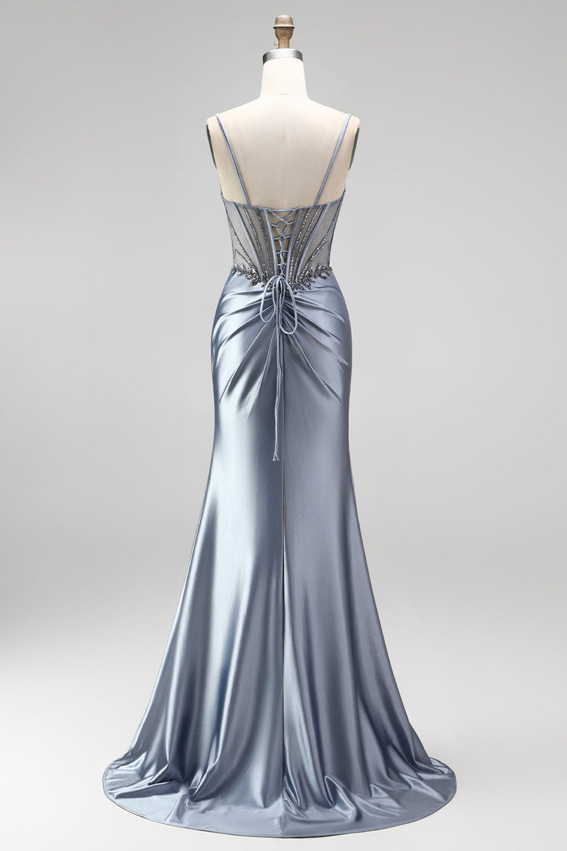 Laden Sie das Bild in den Galerie-Viewer, Staubiges blaues Korsett Meerjungfrauen-Strasssteine, Satin, gerafftes langes Abschlussballkleid mit seitlichem Schlitz