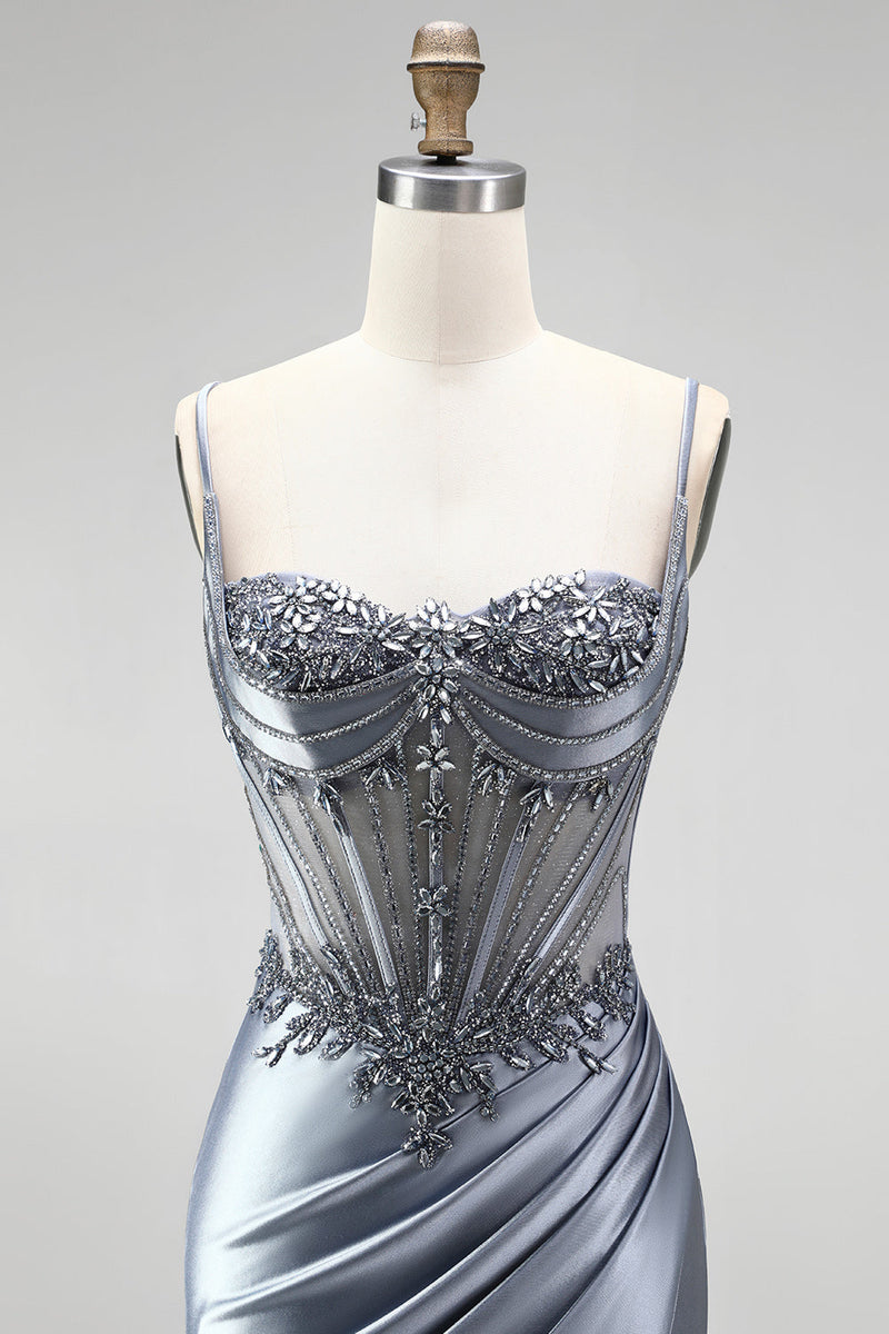 Laden Sie das Bild in den Galerie-Viewer, Staubiges blaues Korsett Meerjungfrauen-Strasssteine, Satin, gerafftes langes Abschlussballkleid mit seitlichem Schlitz