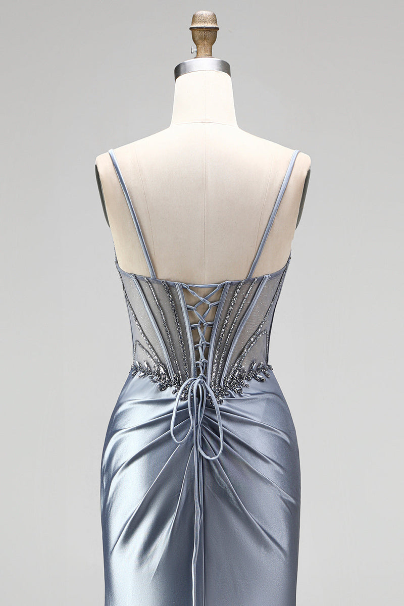 Laden Sie das Bild in den Galerie-Viewer, Staubiges blaues Korsett Meerjungfrauen-Strasssteine, Satin, gerafftes langes Abschlussballkleid mit seitlichem Schlitz