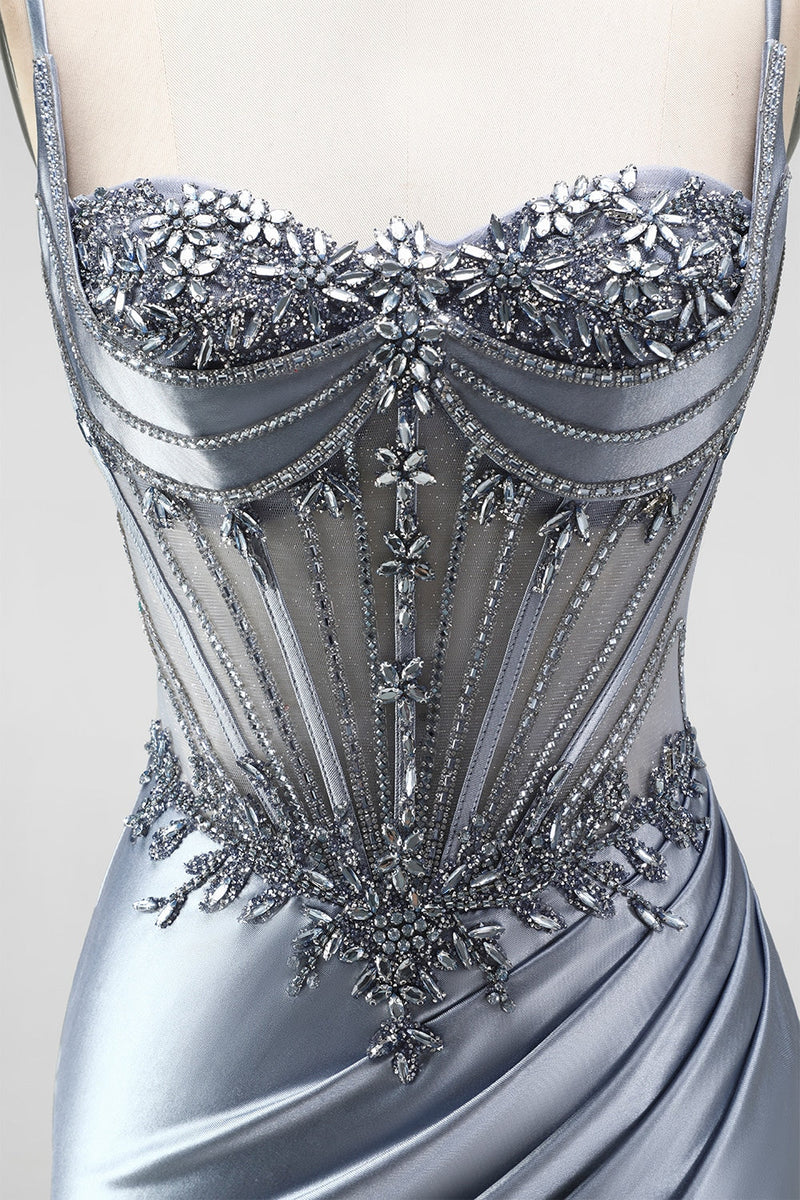 Laden Sie das Bild in den Galerie-Viewer, Staubiges blaues Korsett Meerjungfrauen-Strasssteine, Satin, gerafftes langes Abschlussballkleid mit seitlichem Schlitz