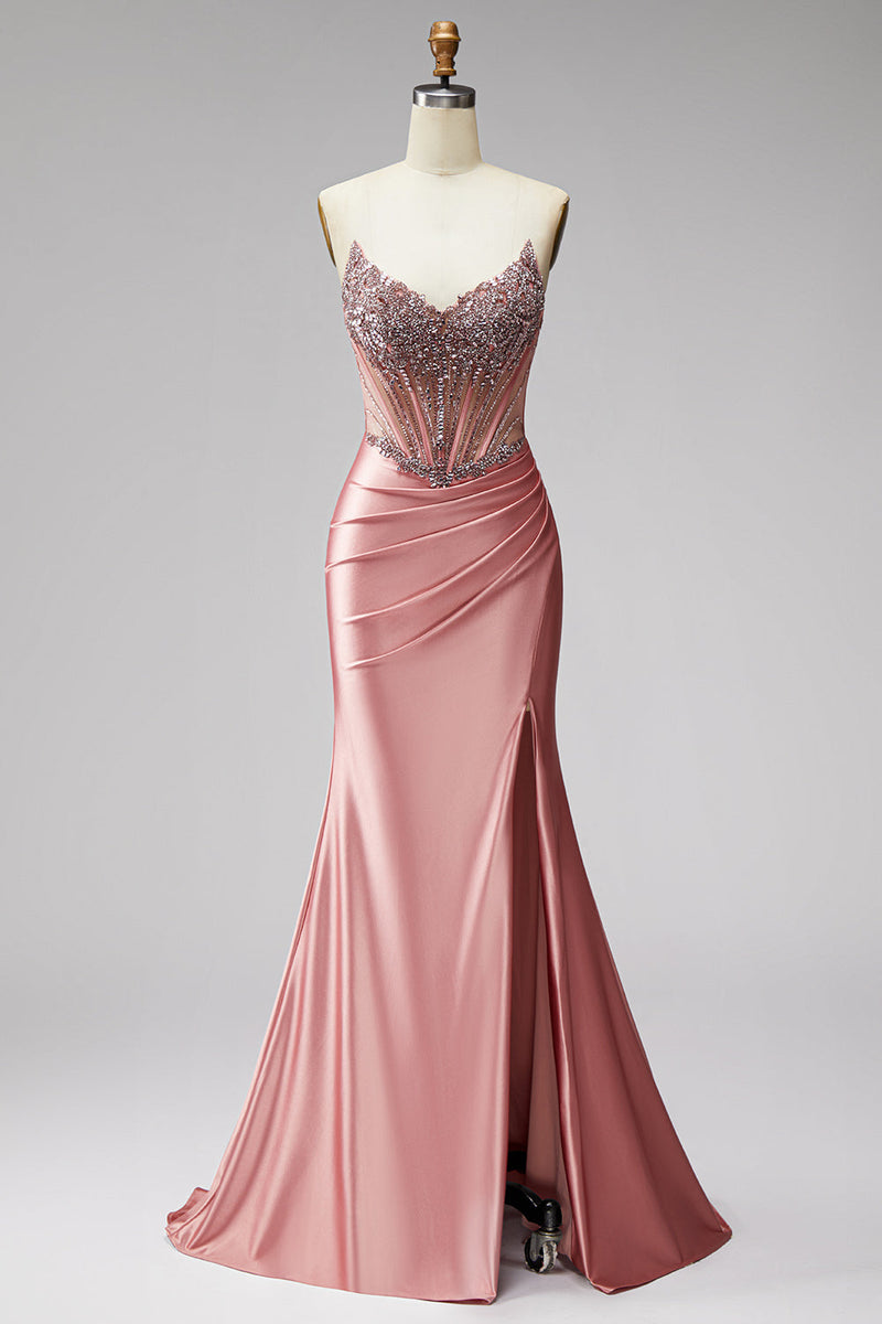 Laden Sie das Bild in den Galerie-Viewer, Meerjungfrauen Korsett Satin Trägerlos Rosa Abschlussballkleid mit Schlitz