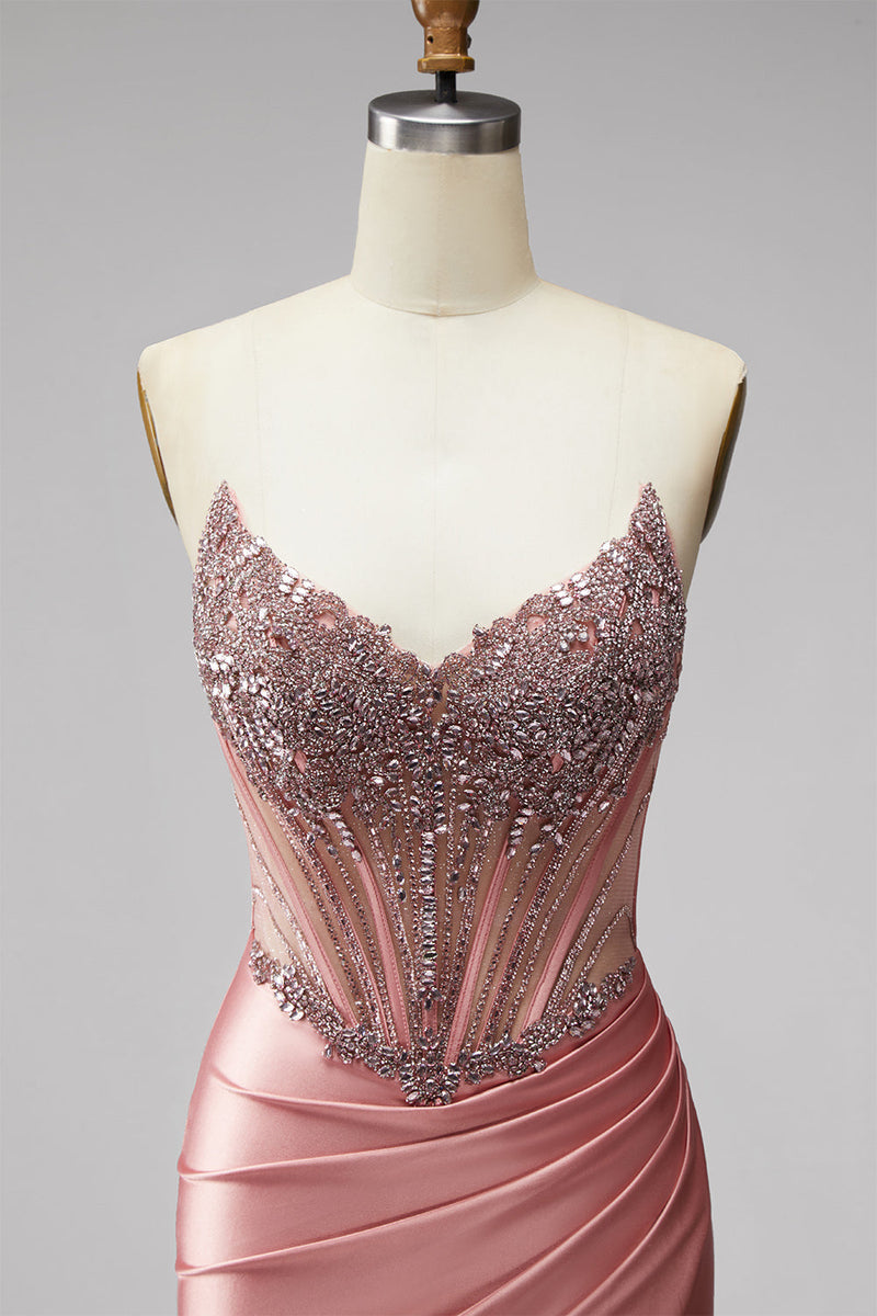Laden Sie das Bild in den Galerie-Viewer, Meerjungfrauen Korsett Satin Trägerlos Rosa Abschlussballkleid mit Schlitz