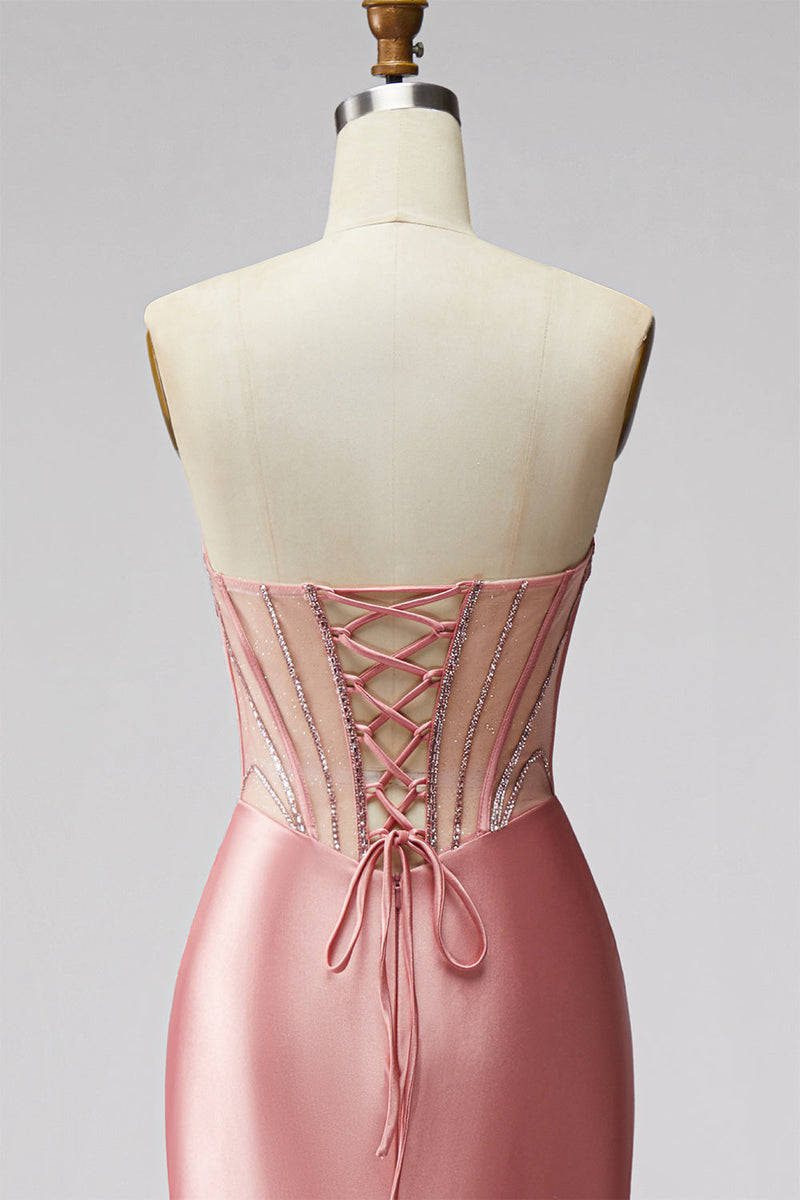 Laden Sie das Bild in den Galerie-Viewer, Meerjungfrauen Korsett Satin Trägerlos Rosa Abschlussballkleid mit Schlitz